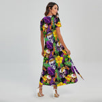 Purple Tropical Skull Pattern Print Short Sleeve Maxi Dress