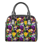 Purple Tropical Skull Pattern Print Shoulder Handbag