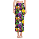 Purple Tropical Skull Pattern Print Side Slit Maxi Skirt
