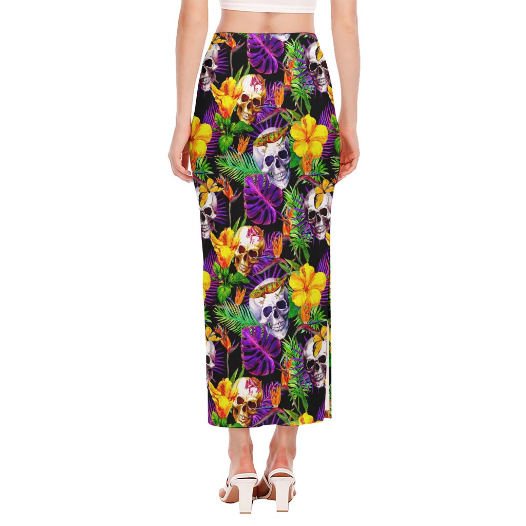 Purple Tropical Skull Pattern Print Side Slit Maxi Skirt