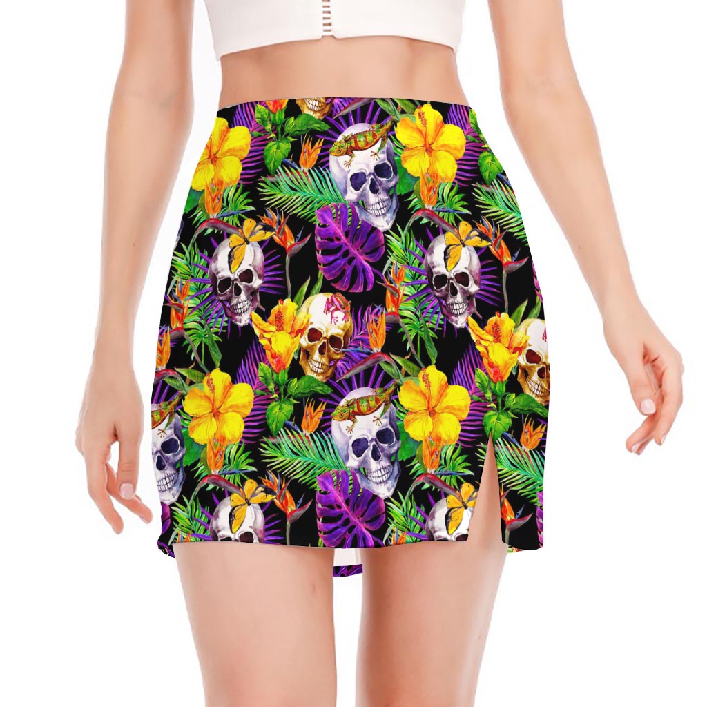 Purple Tropical Skull Pattern Print Side Slit Mini Skirt