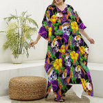 Purple Tropical Skull Pattern Print Silk V-Neck Kaftan Dress