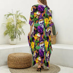 Purple Tropical Skull Pattern Print Silk V-Neck Kaftan Dress