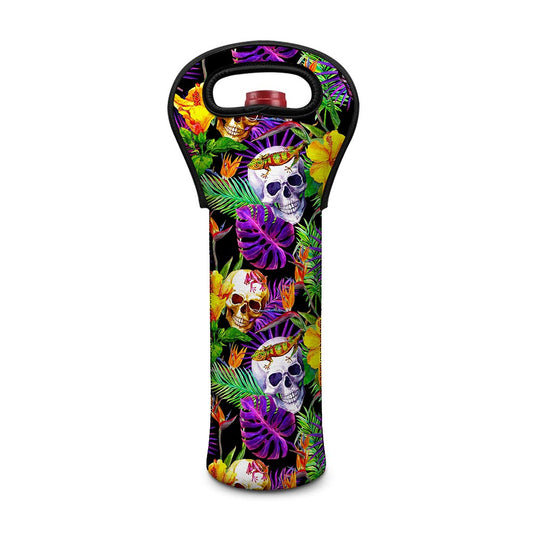 Purple Tropical Skull Pattern Print Single Neoprene Wine Tote