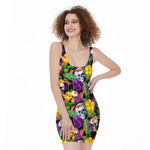 Purple Tropical Skull Pattern Print Sleeveless Bodycon Dress