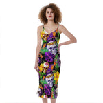 Purple Tropical Skull Pattern Print Slim Fit Midi Cami Dress