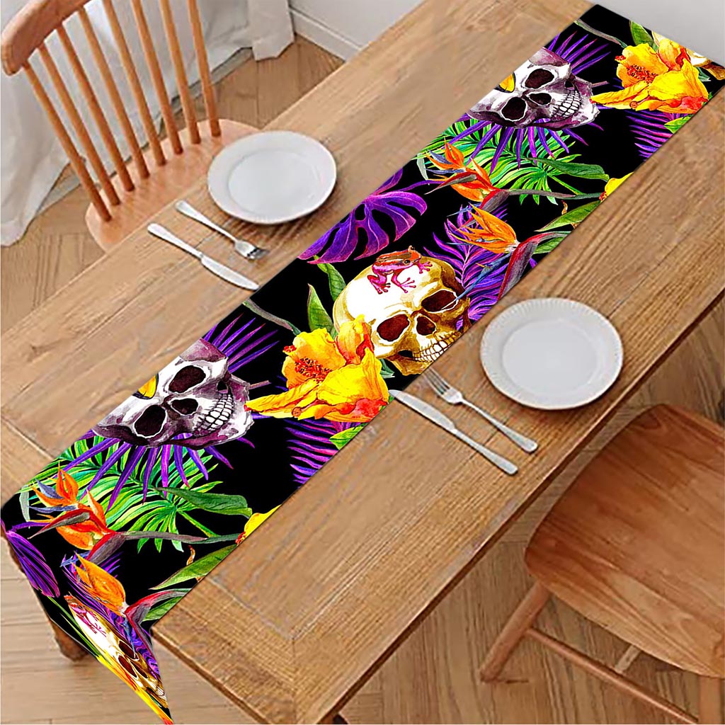 Purple Tropical Skull Pattern Print Table Runner