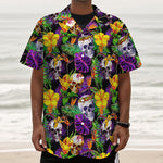 Purple Tropical Skull Pattern Print Textured Short Sleeve Shirt