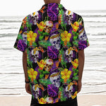 Purple Tropical Skull Pattern Print Textured Short Sleeve Shirt