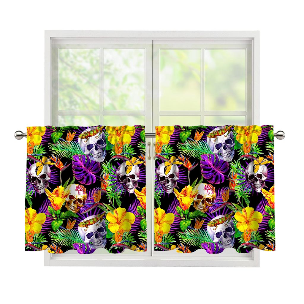 Purple Tropical Skull Pattern Print Tier Curtains