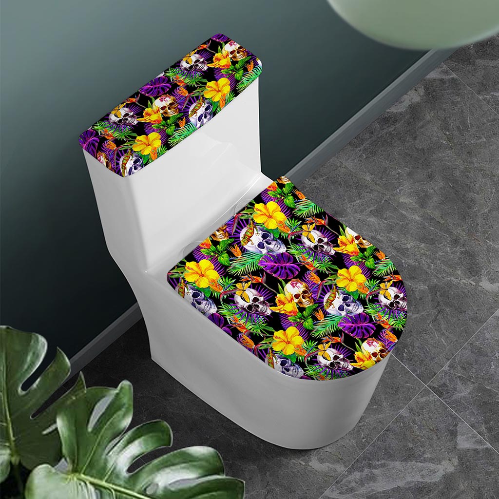 Purple Tropical Skull Pattern Print Toilet Lid And Tank Cover Set