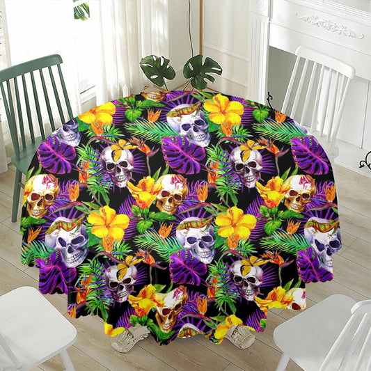 Purple Tropical Skull Pattern Print Waterproof Round Tablecloth