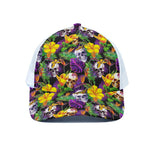 Purple Tropical Skull Pattern Print White Mesh Trucker Cap