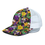 Purple Tropical Skull Pattern Print White Mesh Trucker Cap