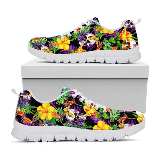 Purple Tropical Skull Pattern Print White Running Shoes