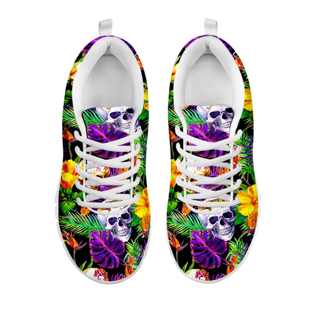 Purple Tropical Skull Pattern Print White Running Shoes