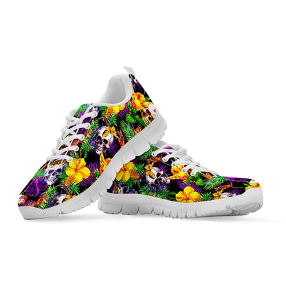 Purple Tropical Skull Pattern Print White Running Shoes