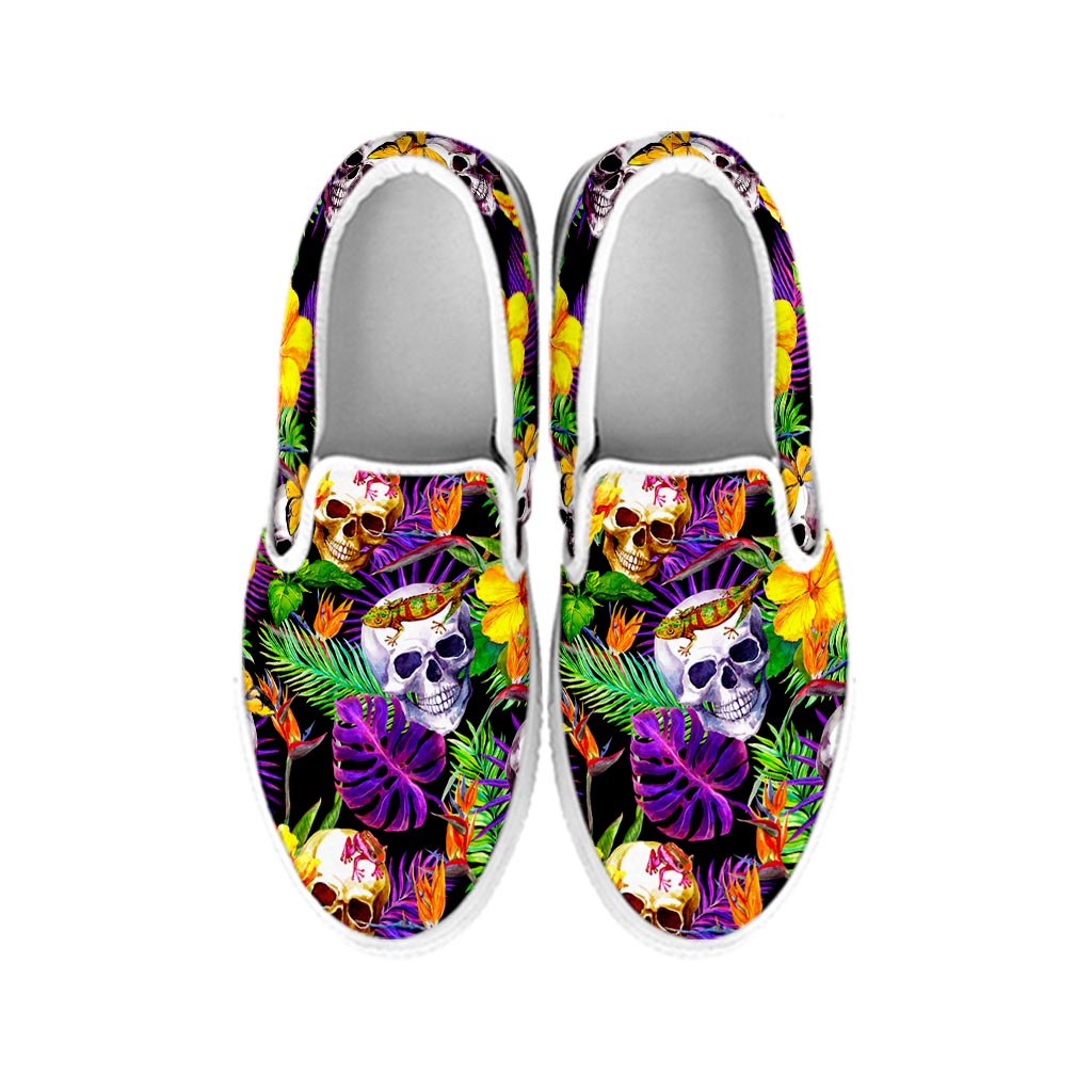 Purple Tropical Skull Pattern Print White Slip On Sneakers