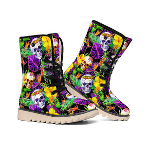 Purple Tropical Skull Pattern Print Winter Boots