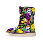 Purple Tropical Skull Pattern Print Winter Boots