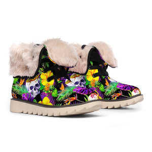 Purple Tropical Skull Pattern Print Winter Boots