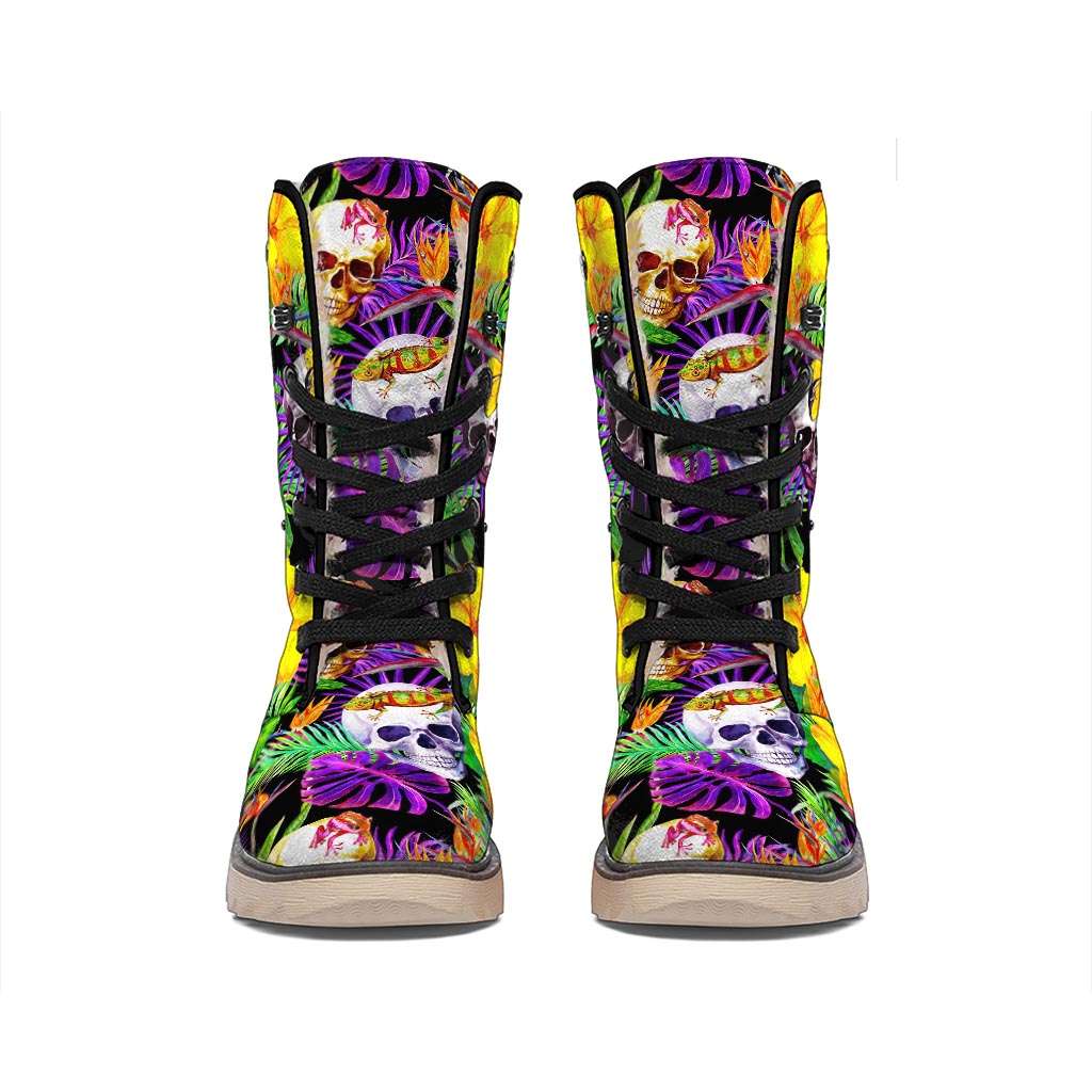 Purple Tropical Skull Pattern Print Winter Boots