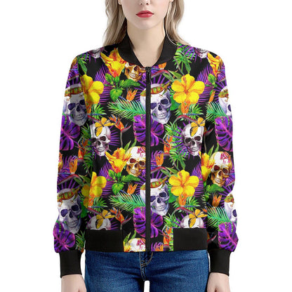 Purple Tropical Skull Pattern Print Women's Bomber Jacket