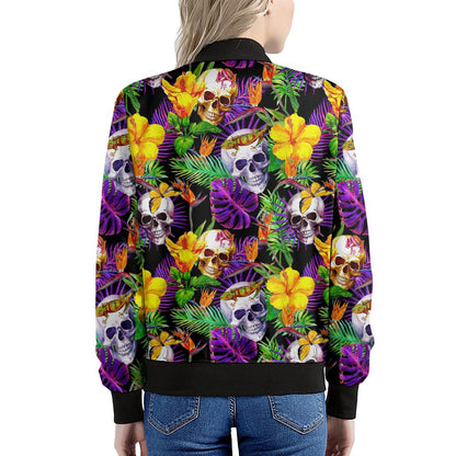 Purple Tropical Skull Pattern Print Women's Bomber Jacket