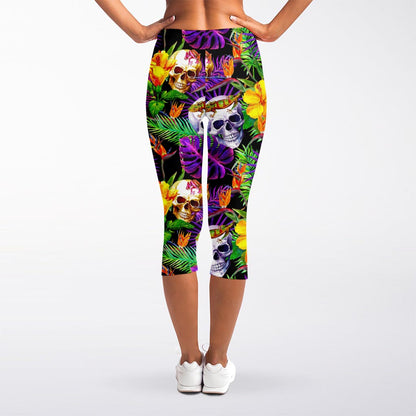 Purple Tropical Skull Pattern Print Women's Capri Leggings