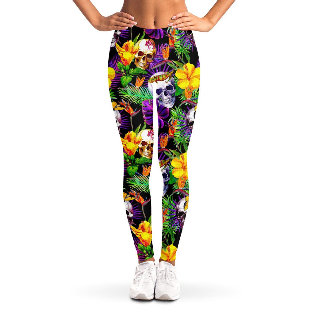 Purple Tropical Skull Pattern Print Women's Leggings