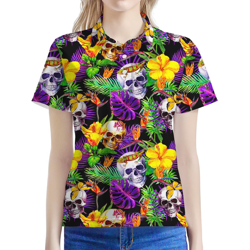 Purple Tropical Skull Pattern Print Women's Polo Shirt