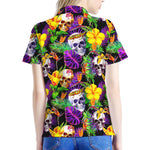 Purple Tropical Skull Pattern Print Women's Polo Shirt