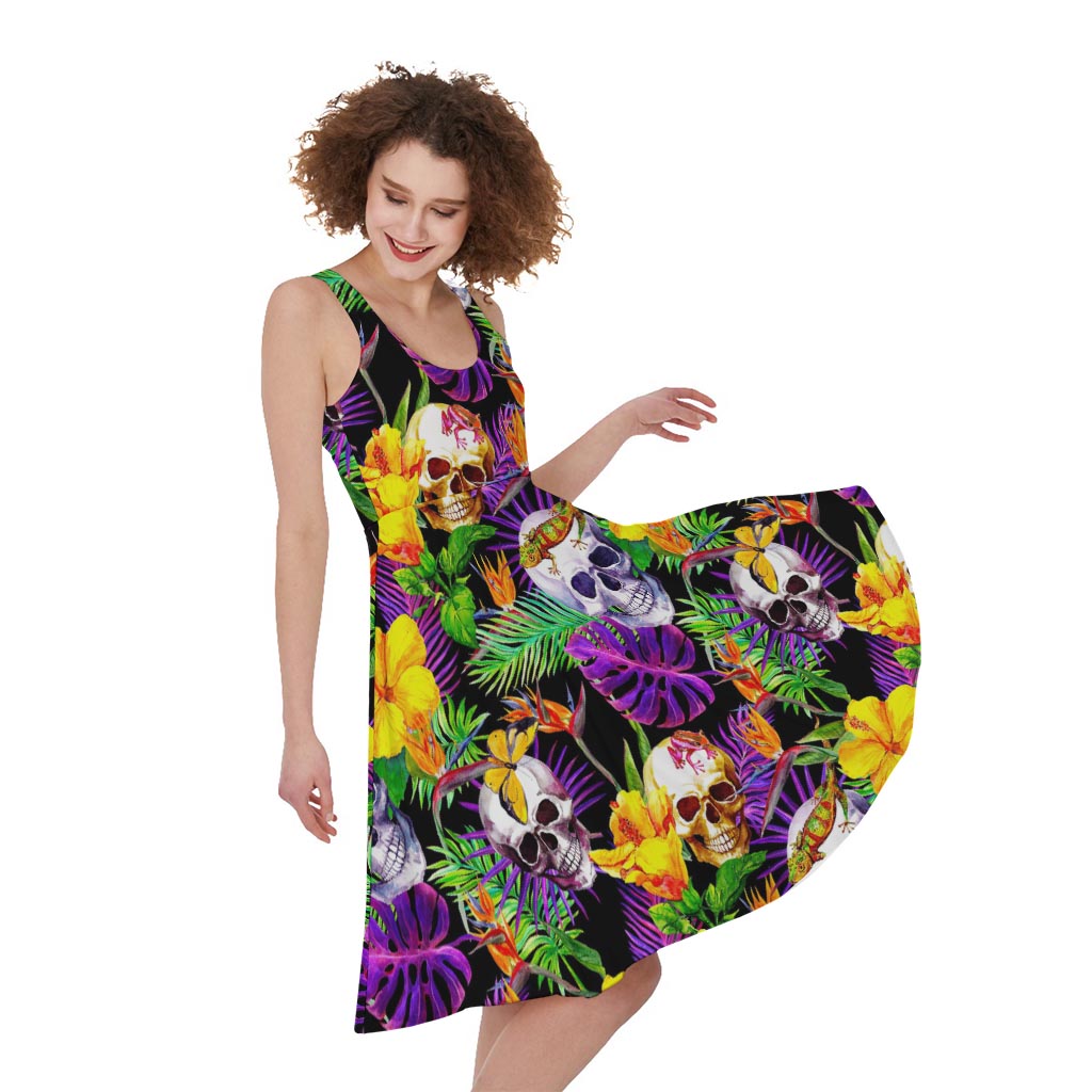 Purple Tropical Skull Pattern Print Women's Sleeveless Dress