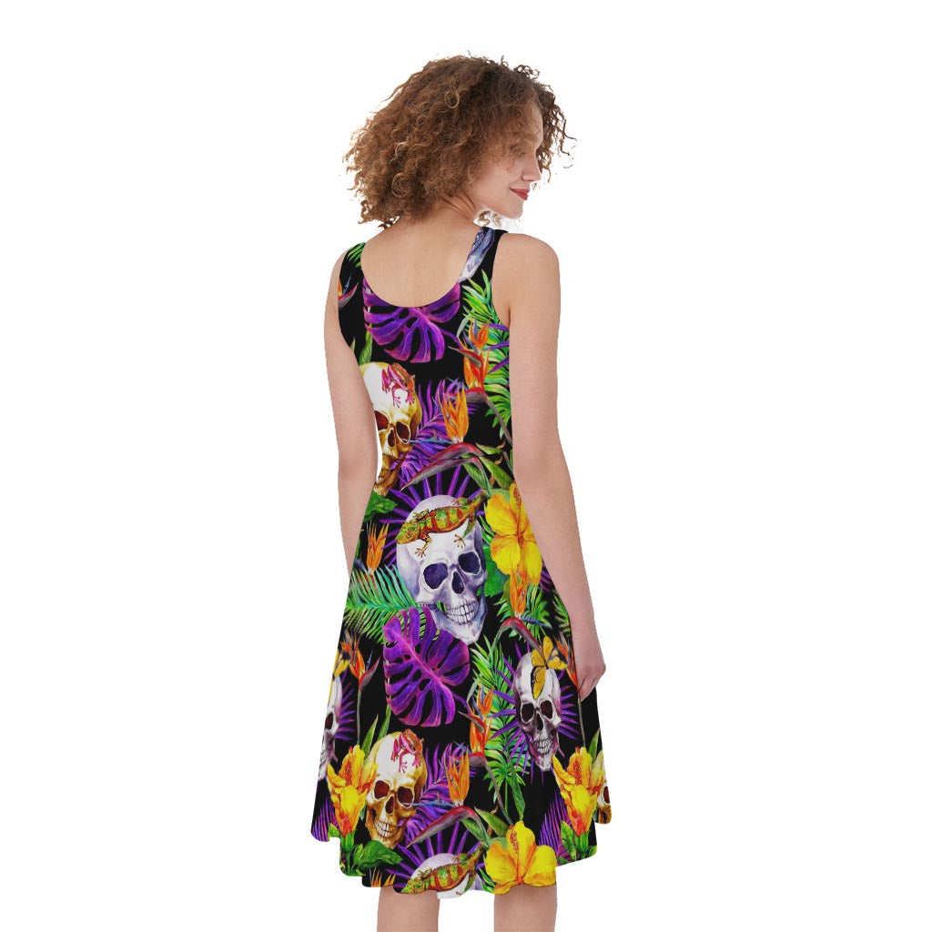 Purple Tropical Skull Pattern Print Women's Sleeveless Dress