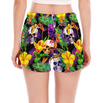Purple Tropical Skull Pattern Print Women's Split Running Shorts