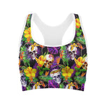 Purple Tropical Skull Pattern Print Women's Sports Bra