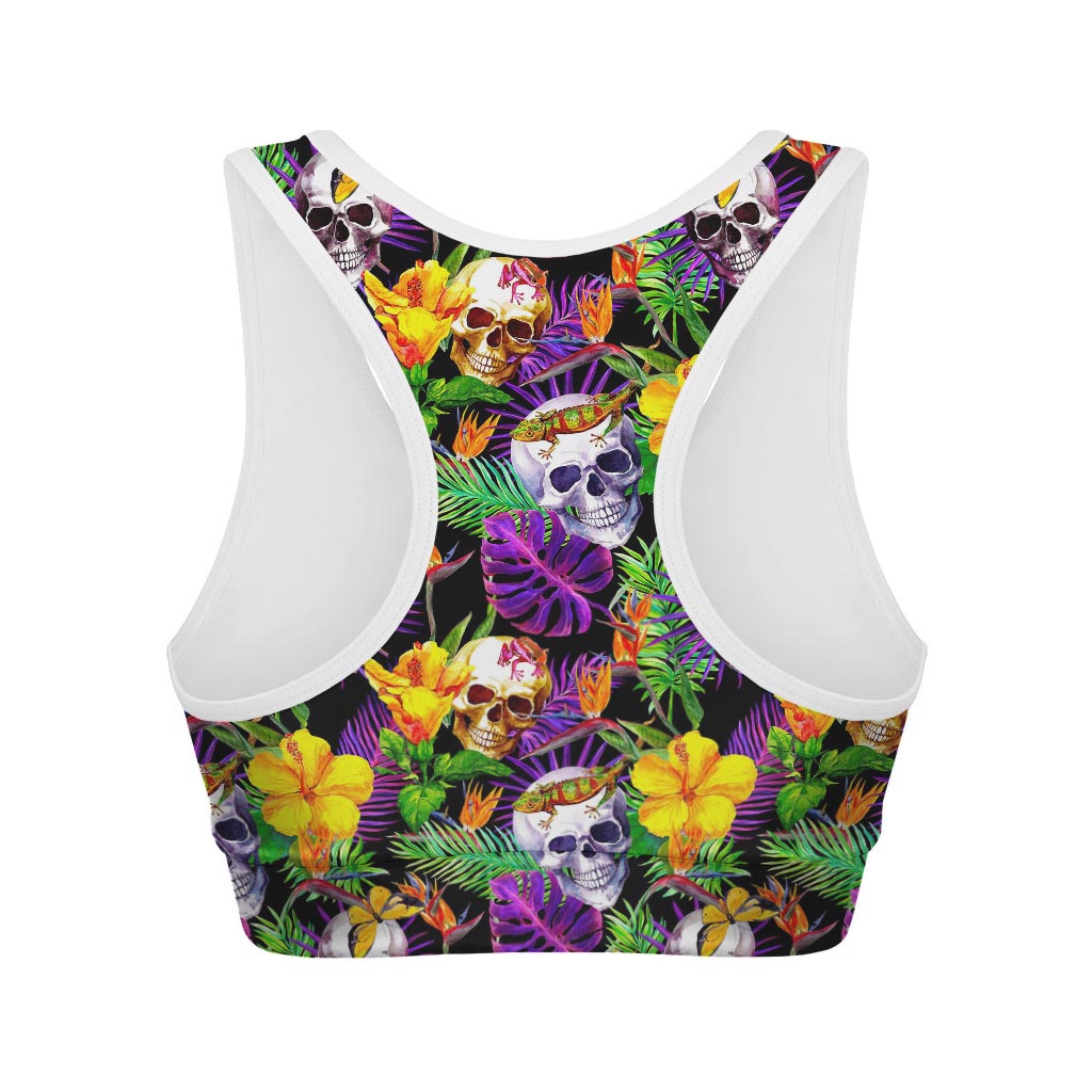 Purple Tropical Skull Pattern Print Women's Sports Bra