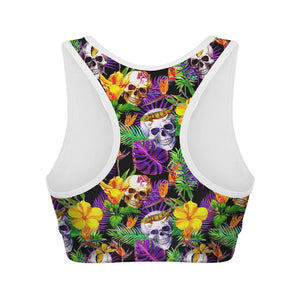 Purple Tropical Skull Pattern Print Women's Sports Bra