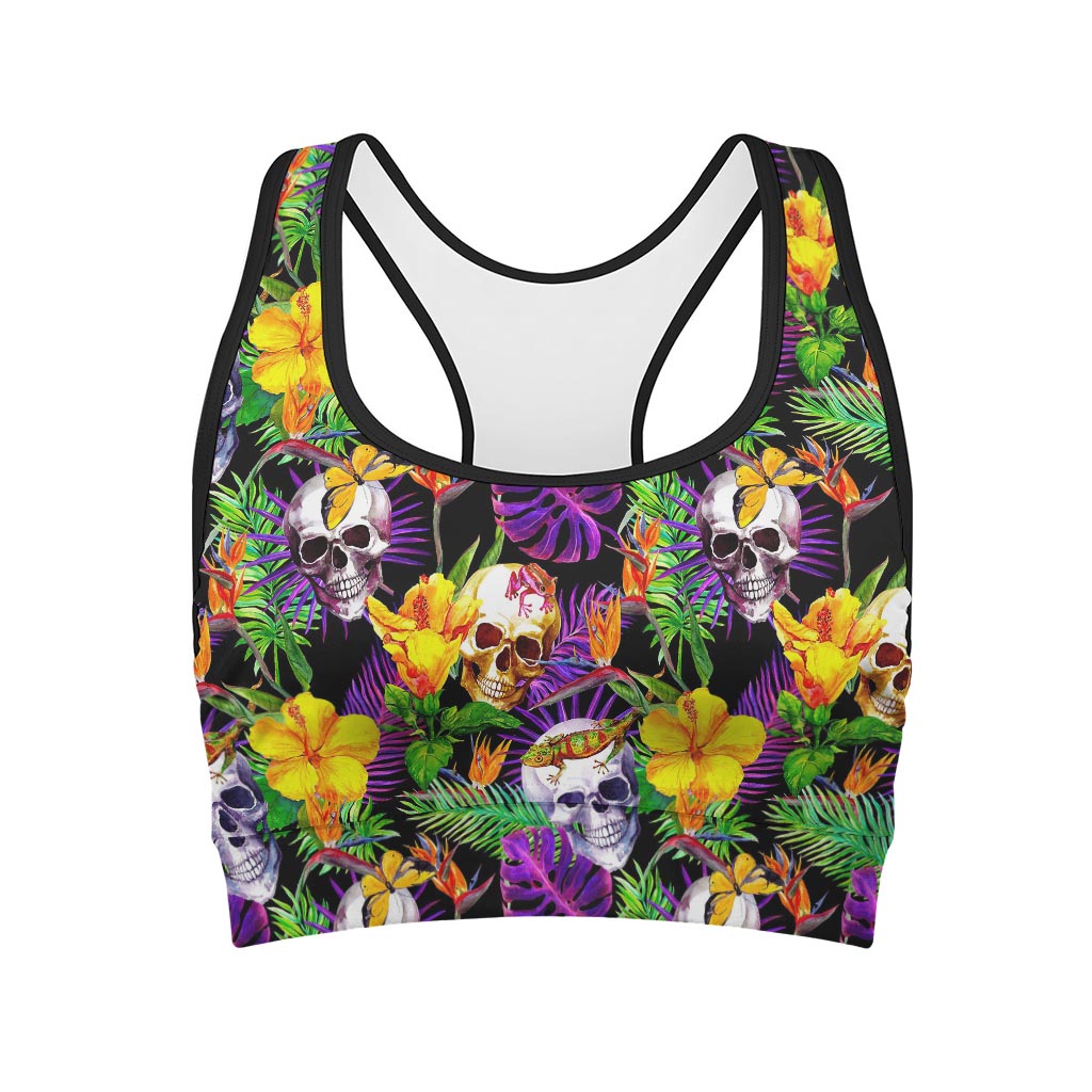 Purple Tropical Skull Pattern Print Women's Sports Bra