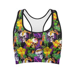 Purple Tropical Skull Pattern Print Women's Sports Bra