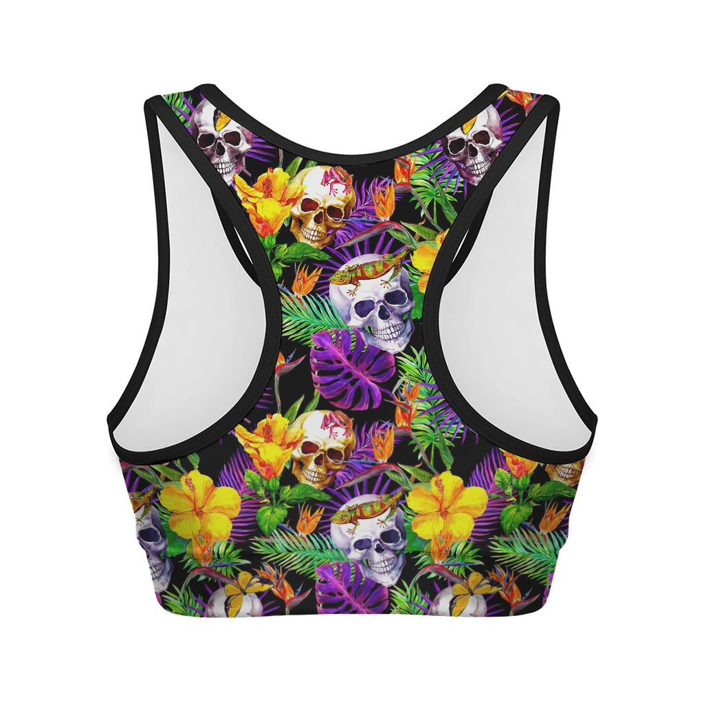 Purple Tropical Skull Pattern Print Women's Sports Bra