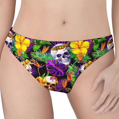 Purple Tropical Skull Pattern Print Women's Thong