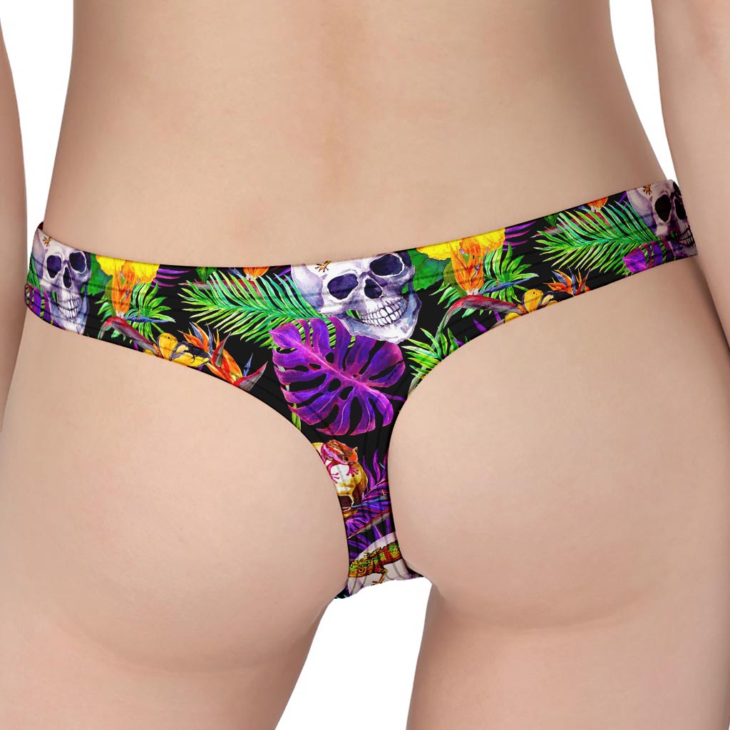 Purple Tropical Skull Pattern Print Women's Thong