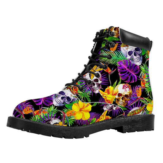 Purple Tropical Skull Pattern Print Work Boots