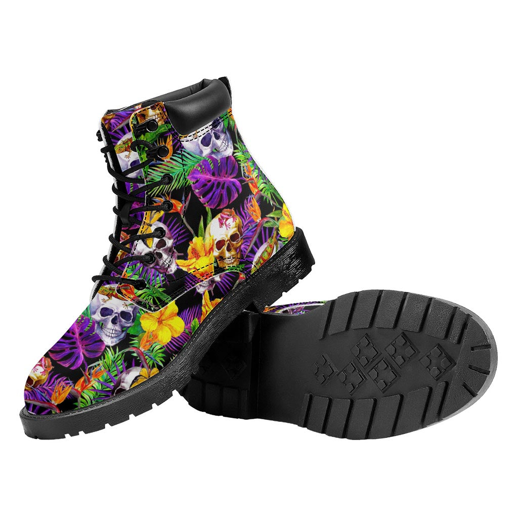 Purple Tropical Skull Pattern Print Work Boots