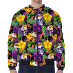 Purple Tropical Skull Pattern Print Zip Sleeve Bomber Jacket