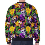 Purple Tropical Skull Pattern Print Zip Sleeve Bomber Jacket