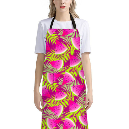 Purple Tropical Watermelon Pattern Print Bib Apron With Pocket