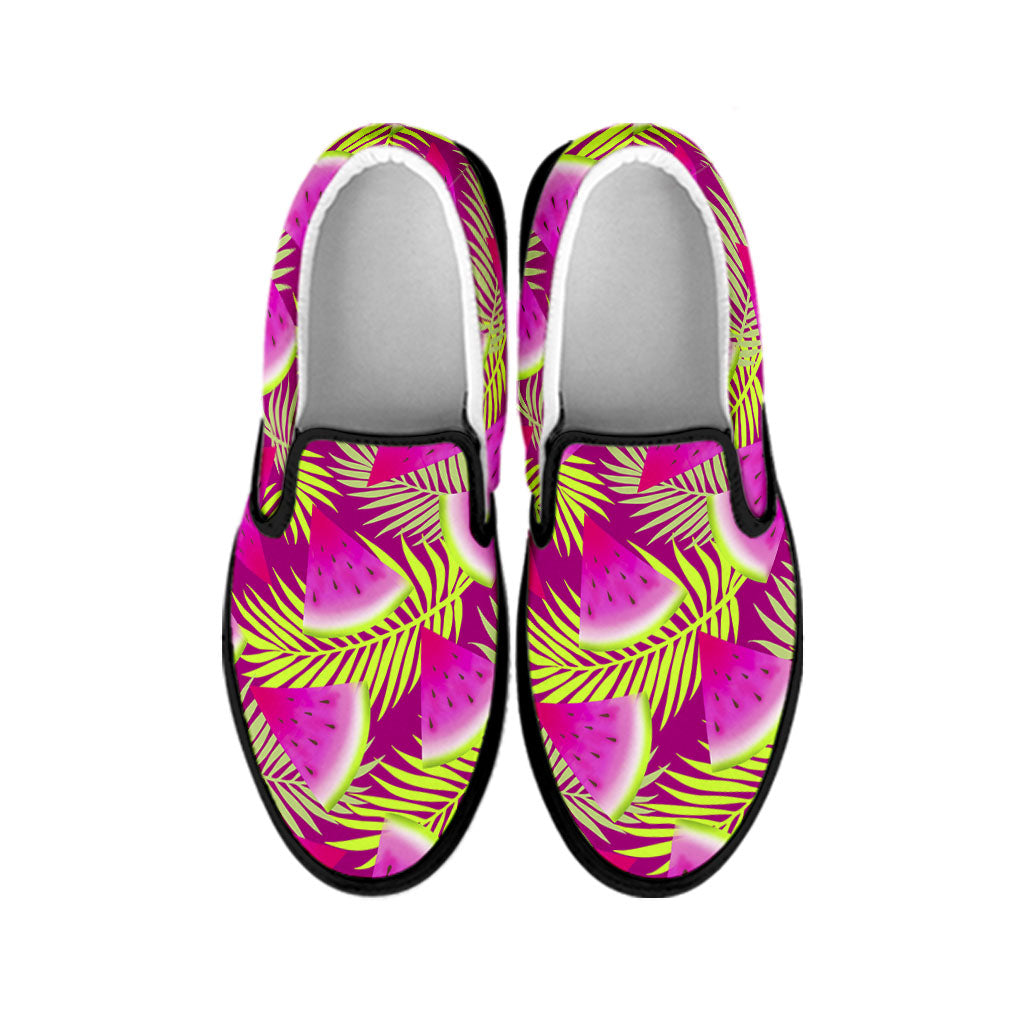 Purple Tropical Watermelon Pattern Print Black Slip On Sneakers