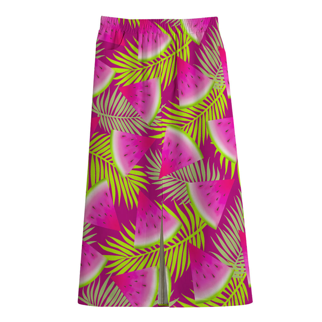 Purple Tropical Watermelon Pattern Print Cotton Front Slit Maxi Skirt